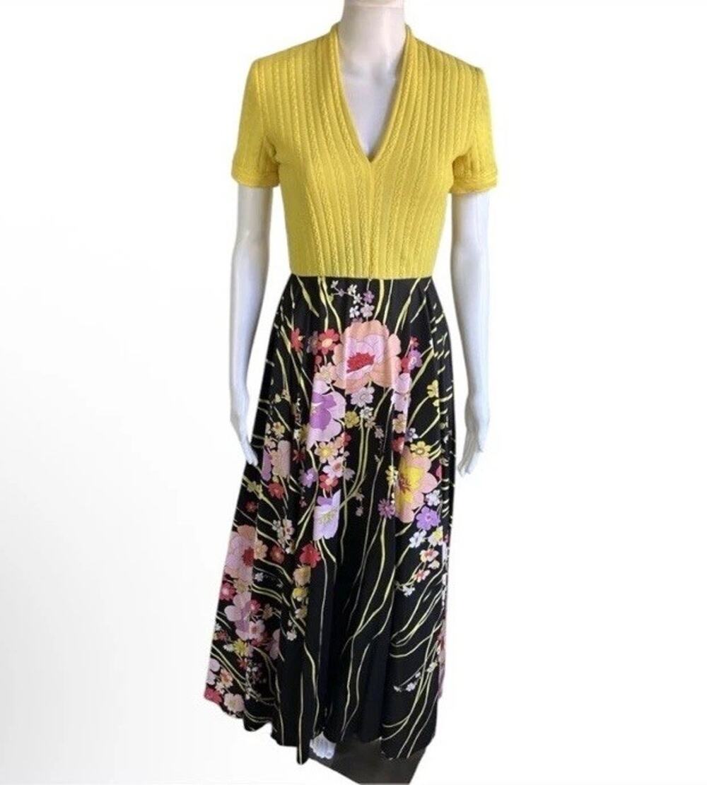 Vintage 1970s Perullo Fred Perlberg Floral Maxi Dress Yellow Knit Size 3 Garden